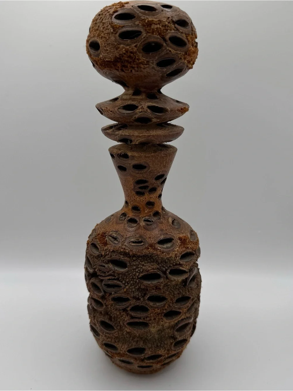 Vintage 1990 Banksia Pod Vase Turned Wood Seed Cone Bottle Studio Art MCM Brutal